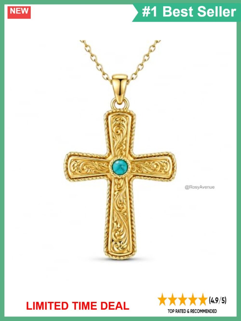 14K Gold Plated Cross Necklace Turquoise Pendant 18-20" Women